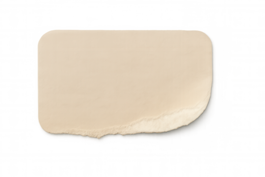 Torn paper sticker with curved edge and blank space for text, beige note graphic asset on transparent background