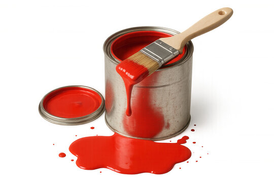 Red paint can with brush dripping liquid, creating a splash, depicting renovation and vivid color