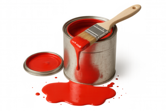 Red paint can with brush dripping liquid, creating a splash, depicting renovation and vivid color - Powered by Adobe