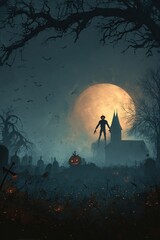 Pumpkin zombie rising out of graveyard and church in spooky dark night full moon, bats in tree, halloween banner
