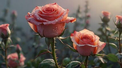 Close-up of pink roses with water droplets, soft focus, garden in background, floral beauty