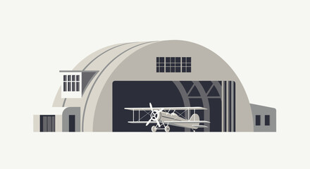 Classic Biplane Inside Hangar Illustration, Aviation Heritage Depicted