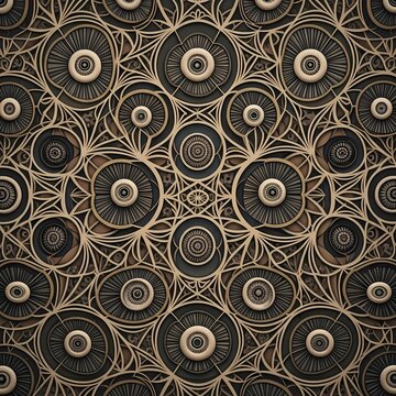 Intricate Art Deco pattern design with gold and black geometric floral elements creating a luxurious vintage backdrop