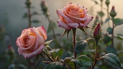 Elegant Peach Roses in Morning Light Captivating Floral Beauty with Delicate Petals and Dew
