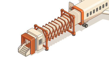Isometric Illustration of an Airplane Connected to a Passenger Bridge