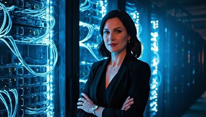 Confident Female IT Professional in Glowing Server Room Data Center
