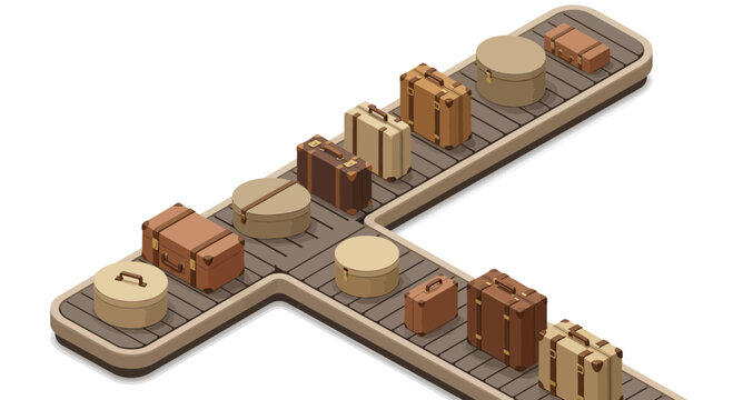 Isometric luggage carousel conveyor belt full of vintage travel baggage