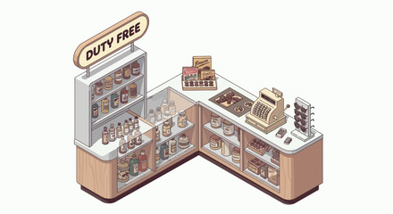 Retro isometric illustration of a duty free shop with vintage elements