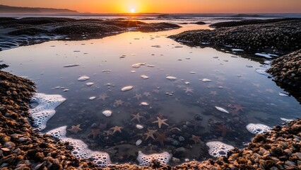 Tidal Pool Reflection Sunset Splendor with Starfish in Coastal Waters at Sunrise/Sunset