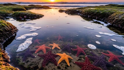 Starfish Tide Pool Sunset Coastal Serenity at Dusk with Underwater Wonders and Vibrant Colors