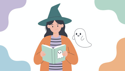Happy witch reading a spooky story to a friendly ghost Perfect for Halloween themes  kids content