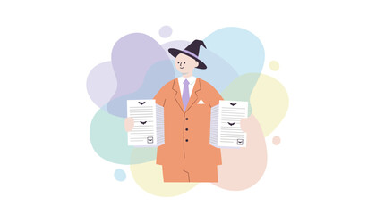 Professional person in a witch hat holding batthemed documents perfect for Halloween business