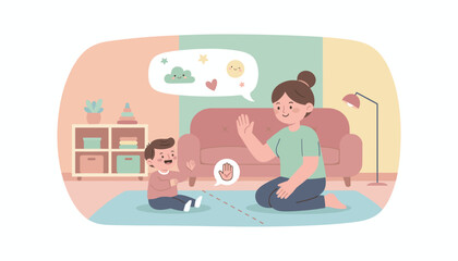 Adult and child joyfully interact learn and play at home promoting early development