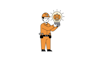 Man in uniform holds a light bulb with a glowing pumpkin symbolizing Halloween ideas
