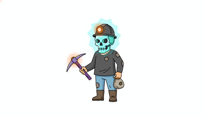Cartoon skeleton miner with headlamp pickaxe and sack Represents hard work and resource extraction
