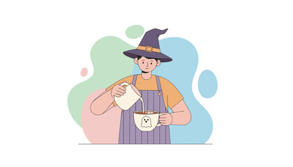 Magical barista in witch hat pours spooky coffee into ghost mug Halloween drink