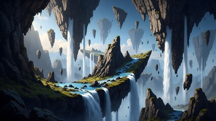 Fantasy Landscape Floating Islands, Waterfalls, and Bizarre Rock Formations