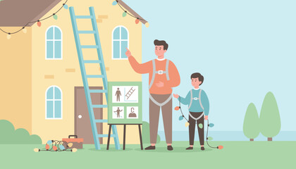 Father and son hang festive lights on house emphasizing safety and family teamwork