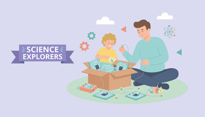 Father and son explore science building electronic circuits together Educational STEM learning