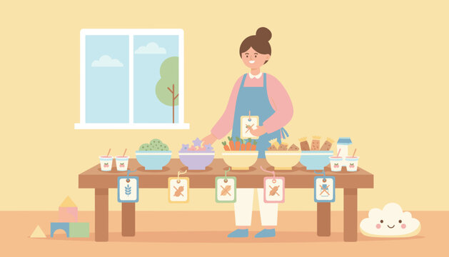 Woman preparing healthy allergenfree food in a cheerful home setting for kids