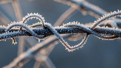 Frosty Wire A Close-Up of Ice Crystals Forming on Barbed Wire in Winter