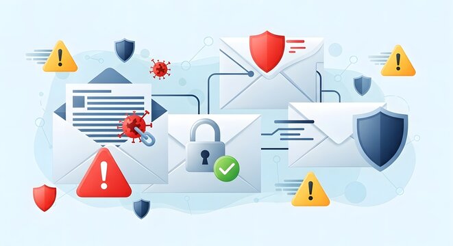 Email security concept with envelopes, shields, warnings, virus and padlock representing protection - Powered by Adobe