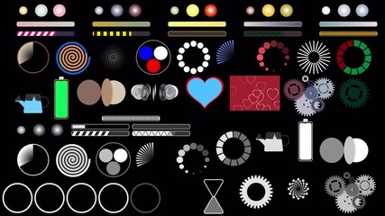 Progress loading waiting graphic elements icons bar user interface on transparent. A collection of 53 graphic elements showing Progress loading waiting on transparent background. Color and monochrome.