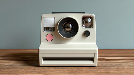 Vintage Instant Camera on Wooden Surface: A vintage instant camera sits in exquisite detail on a textured wooden surface, inviting a sense of nostalgia, evoking memories of capturing moments.