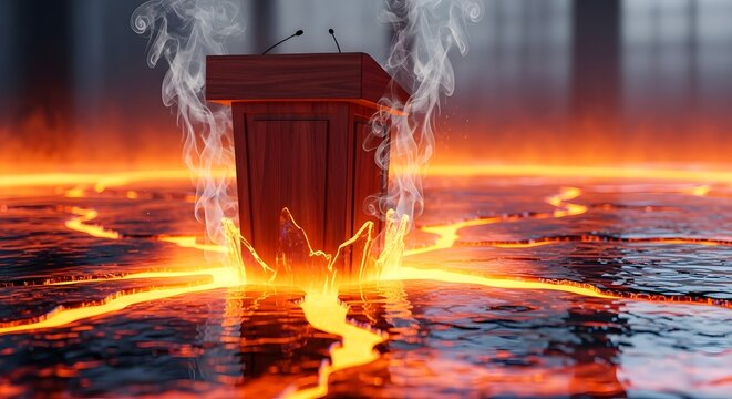 Dramatic podium stands amidst fiery lava cracks, a striking visual metaphor for powerful speeches, heated debates, or controversial topics now (149 chars)