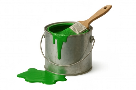 Green paint in metal can with paintbrush, dripping and spilling liquid, ready for home renovation or diy projects - Powered by Adobe