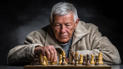Chess Master's Strategic Move: An elderly individual, deeply engrossed, makes a calculated move on a chessboard, reflecting the strategic complexity and mental acuity required for the game. 