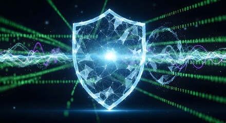 Digital shield with glowing lines and binary code representing cybersecurity protection concept design