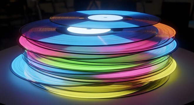 Vibrant stack of vinyl records with glowing neon colors, perfect for music lovers and retro themes in modern designs and artistic backgrounds