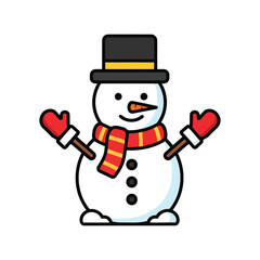 Cute cartoon snowman wearing a black top hat and red scarf with red mittens on sticks