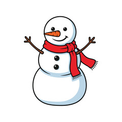 Cute cartoon snowman with a bright orange carrot nose and red scarf smiling happily