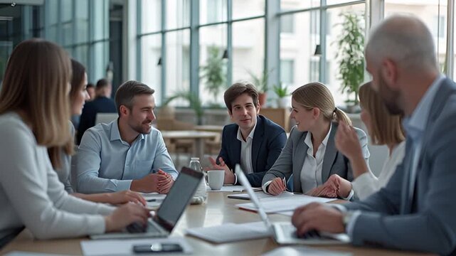 Diverse professionals collaborate in modern office, driving business growth strategy