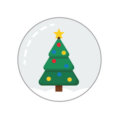 Festive christmas tree with star and ornaments inside a clear snow globe with a snowy base