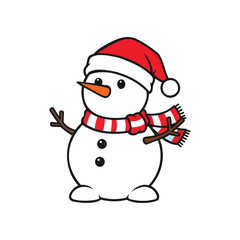 Cute cartoon snowman wearing a red santa hat and striped scarf waving hello