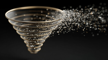 Digital funnel in white gold and silver tones representing big data and 5G technology symbolizing high speed wireless transmission internet connectivity and rapid information flow in cyberspace