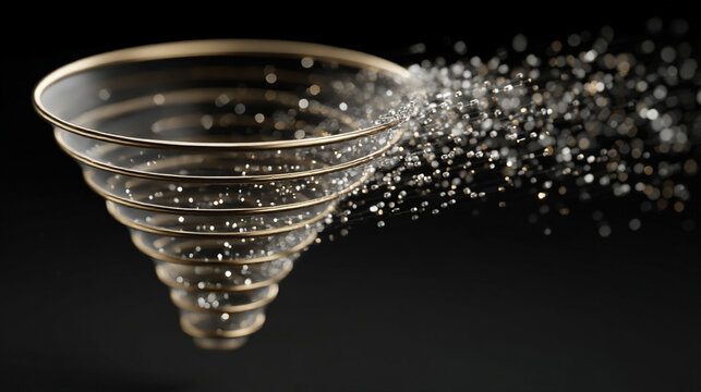 Digital funnel in white gold and silver tones representing big data and 5G technology symbolizing high speed wireless transmission internet connectivity and rapid information flow in cyberspace - Powered by Adobe