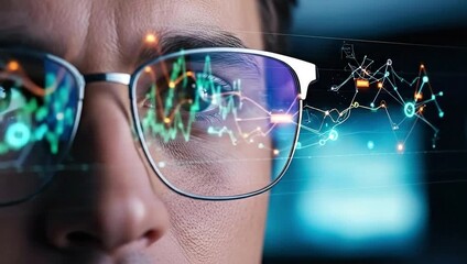 Man in glasses with digital data, financial charts, and AI network reflections. Business intelligence, technology, and future vision concept. - Powered by Adobe
