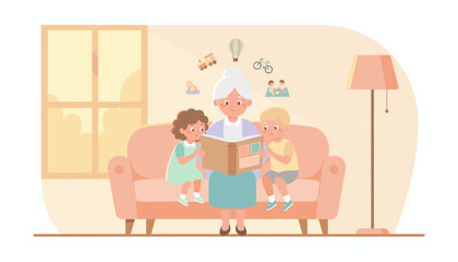 Grandmother reads stories to happy grandchildren at home fostering imagination and family bonding