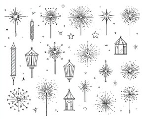 Array of Abstract Geometric Shapes and Fireworks Designs in Black and White on Isolated White Background