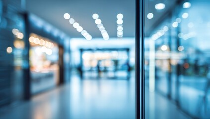 Blurry view of a shopping mall interior through glass