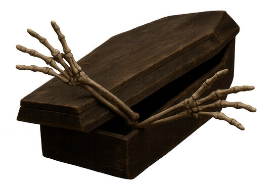 Skeleton hands emerging from a dark wooden coffin, symbolizing death, horror, and halloween resurrection on transparent background