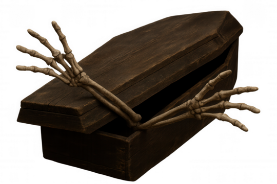 Skeleton hands emerging from a dark wooden coffin, symbolizing death, horror, and halloween resurrection on transparent background