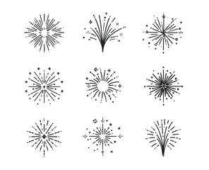 Black And White Fireworks Illustrations On White Background Celebrating Festive Holiday