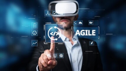 A business professional utilizes virtual reality technology to explore agile methodology, showcasing modern software development techniques and innovative solutions. Raster - Powered by Adobe