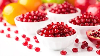 Vibrant Red Pomegranate Seeds Overflowing in White Ceramic Bowls.