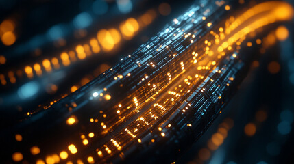 Futuristic gold, white, and silver high-tech submarine fiber optic cable in vibrant detail, symbolizing global connectivity, technological advancement, and seamless data transmission.